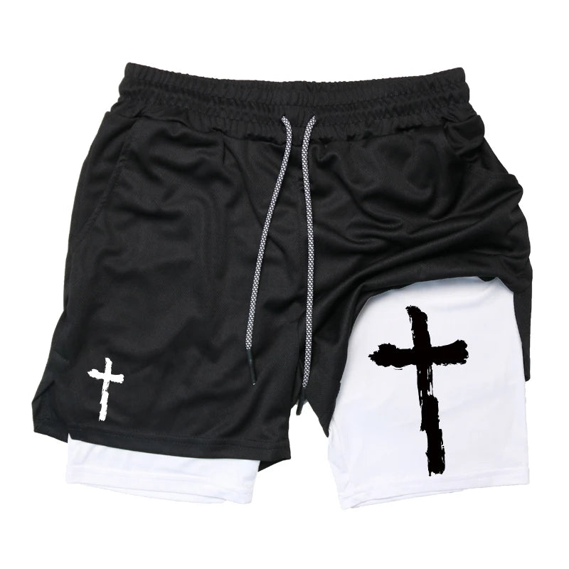 Print 2 in 1 Workout Shorts for Men Christian Gym Athletic Performance shorts