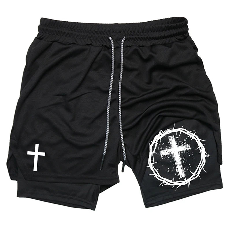 Print 2 in 1 Workout Shorts for Men Christian Gym Athletic Performance shorts