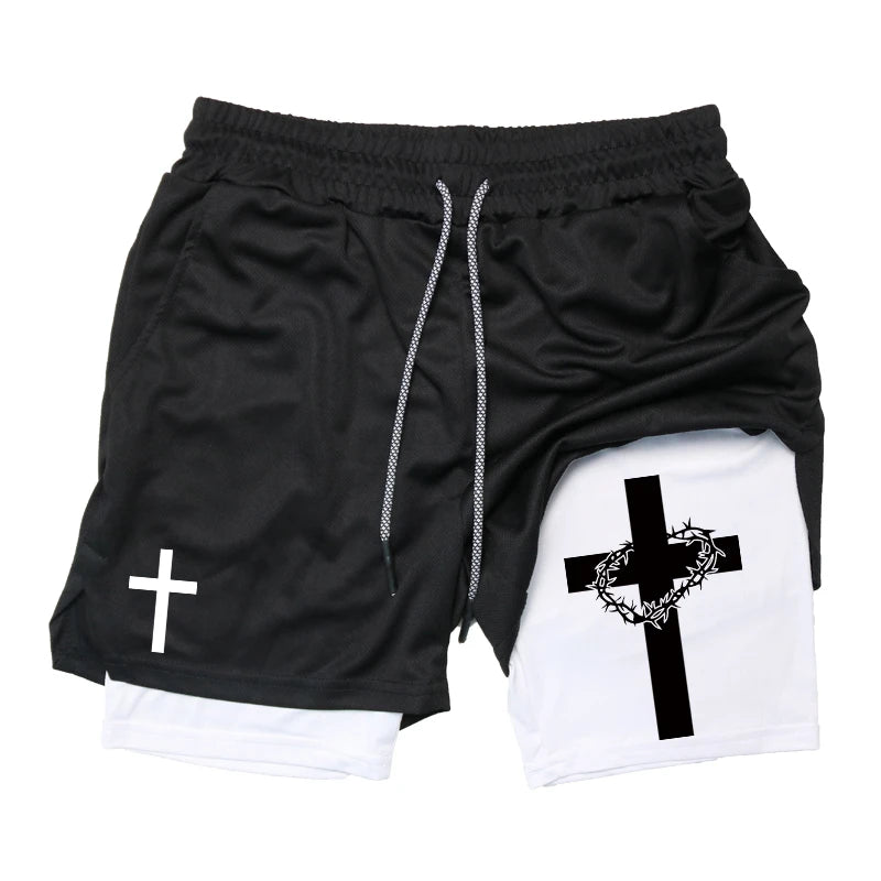 Print 2 in 1 Workout Shorts for Men Christian Gym Athletic Performance shorts