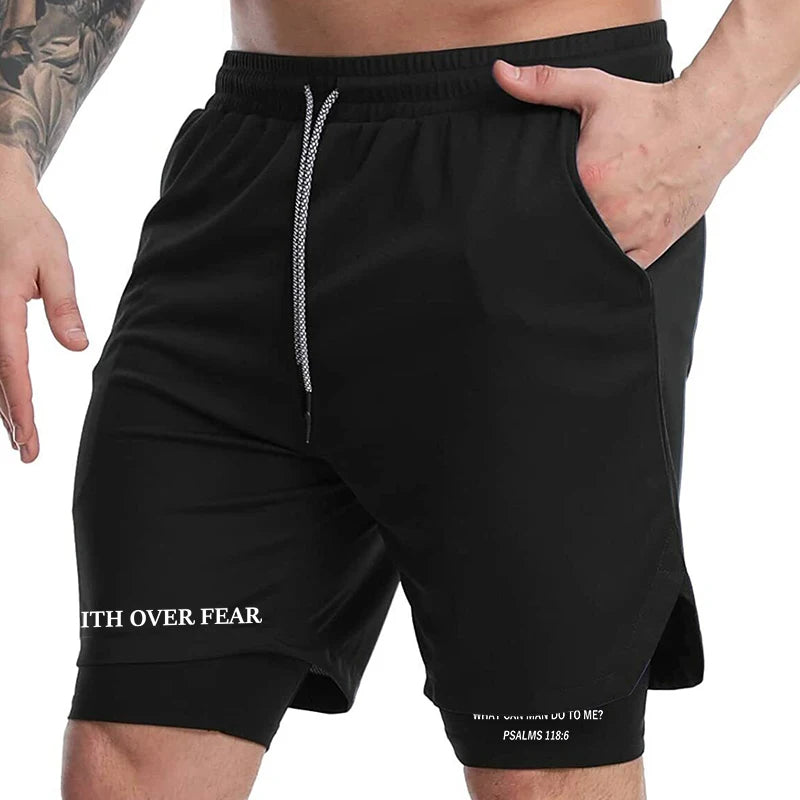 Print 2 in 1 Workout Shorts for Men Christian Gym Athletic Performance shorts