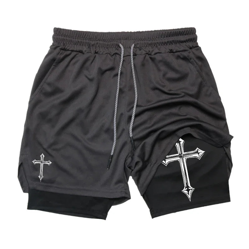 Cross Print Running Shorts for Men Christian Gym Athletic Shorts with Compression