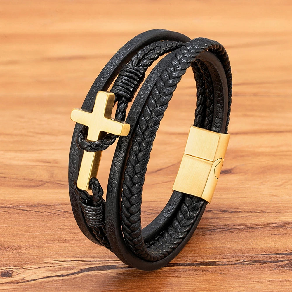 Cross Men's Leather Bracelets Stainless Steel Magnet Clasp Charms