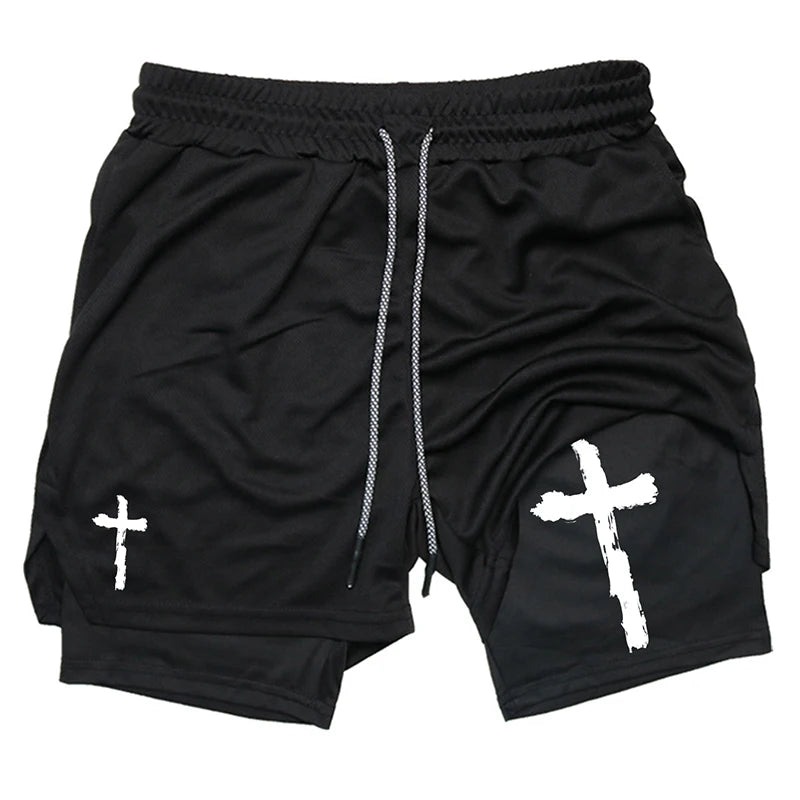 Print 2 in 1 Workout Shorts for Men Christian Gym Athletic Performance shorts