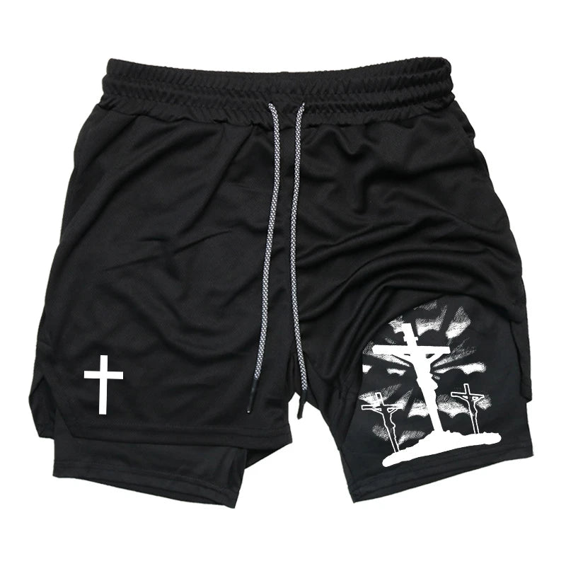 Print 2 in 1 Workout Shorts for Men Christian Gym Athletic Performance shorts
