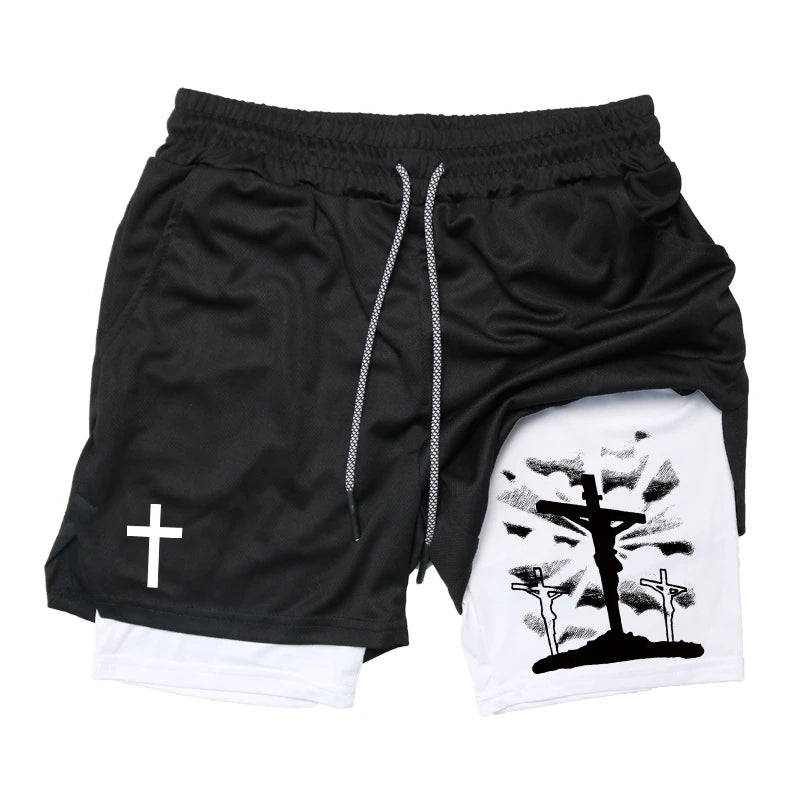 Print 2 in 1 Workout Shorts for Men Christian Gym Athletic Performance shorts