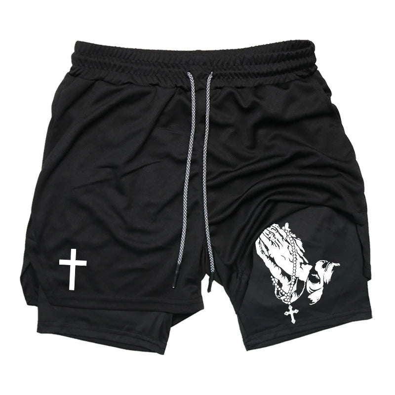 Print 2 in 1 Workout Shorts for Men Christian Gym Athletic Performance shorts