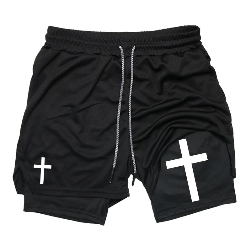 Cross 2 in 1 Workout Shorts for Men Christian Gym Performance Shorts with Phone Pocket Active Wear
