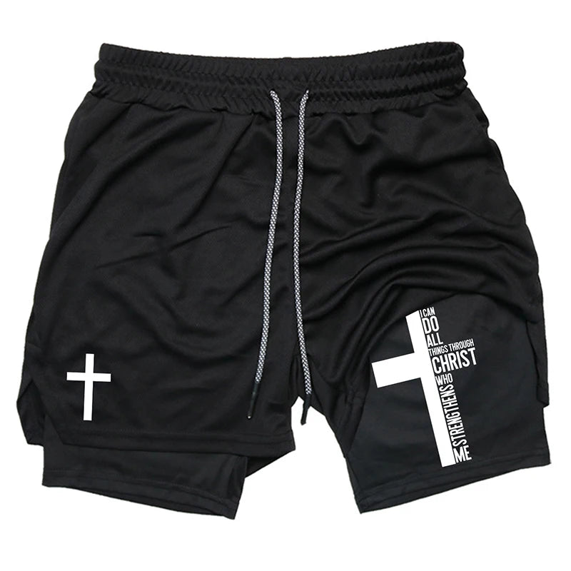 Print 2 in 1 Workout Shorts for Men Christian Gym Athletic Performance shorts