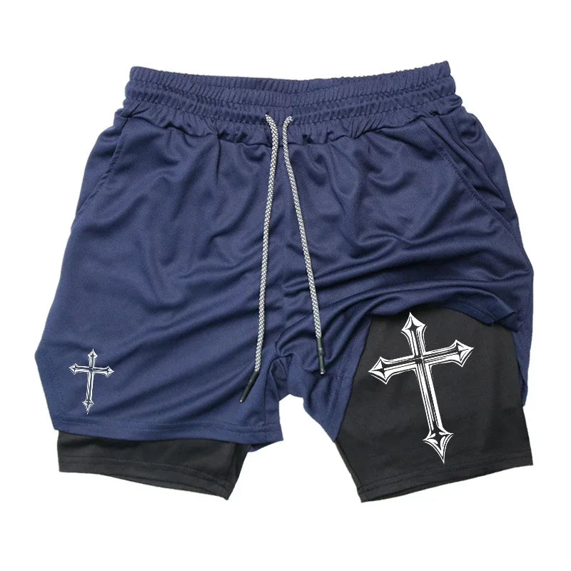 Cross Print Running Shorts for Men Christian Gym Athletic Shorts with Compression