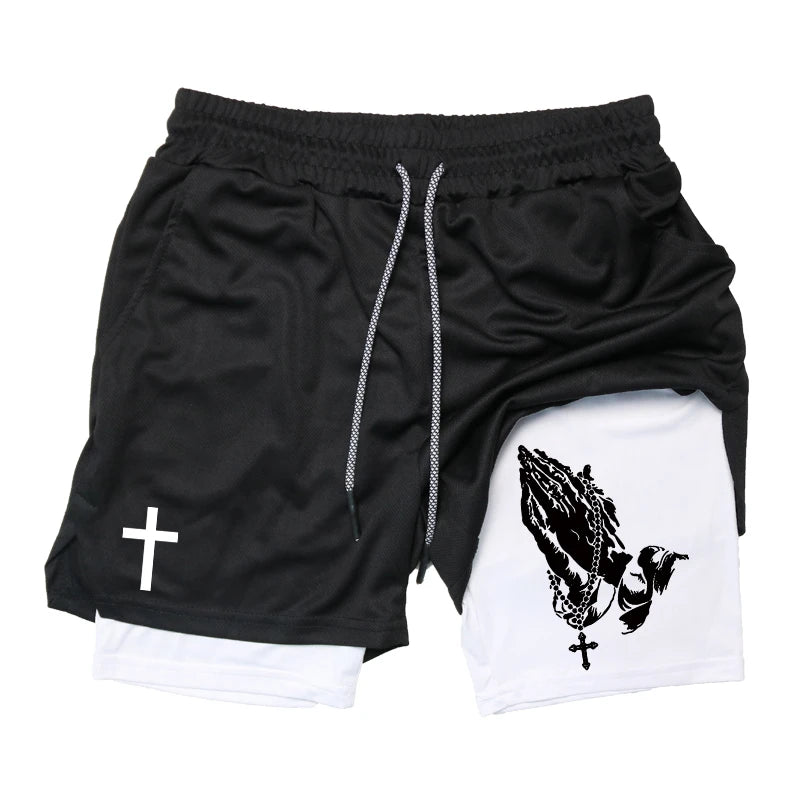 Print 2 in 1 Workout Shorts for Men Christian Gym Athletic Performance shorts
