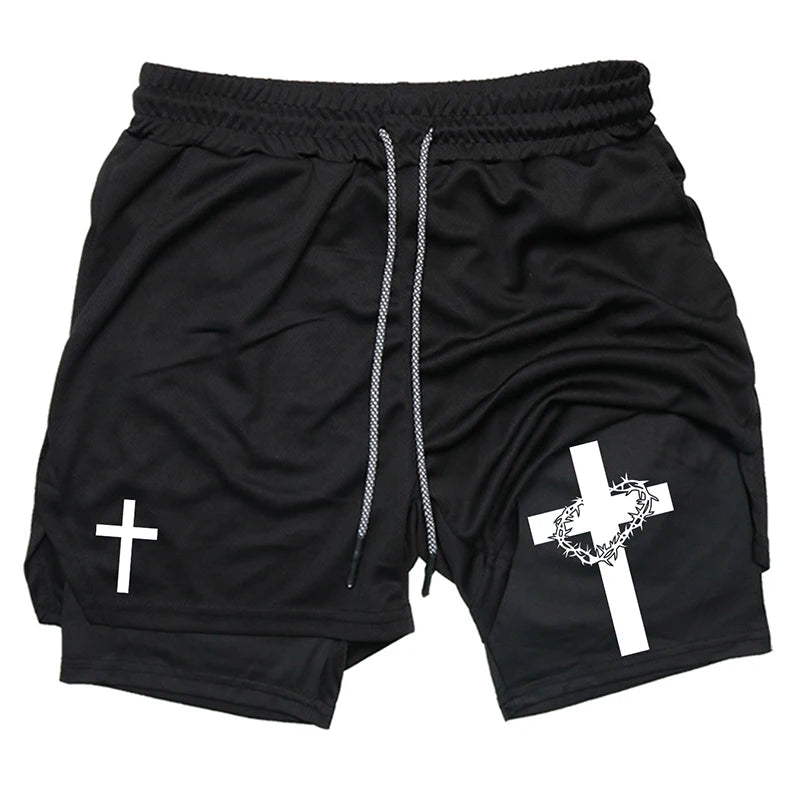 Print 2 in 1 Workout Shorts for Men Christian Gym Athletic Performance shorts