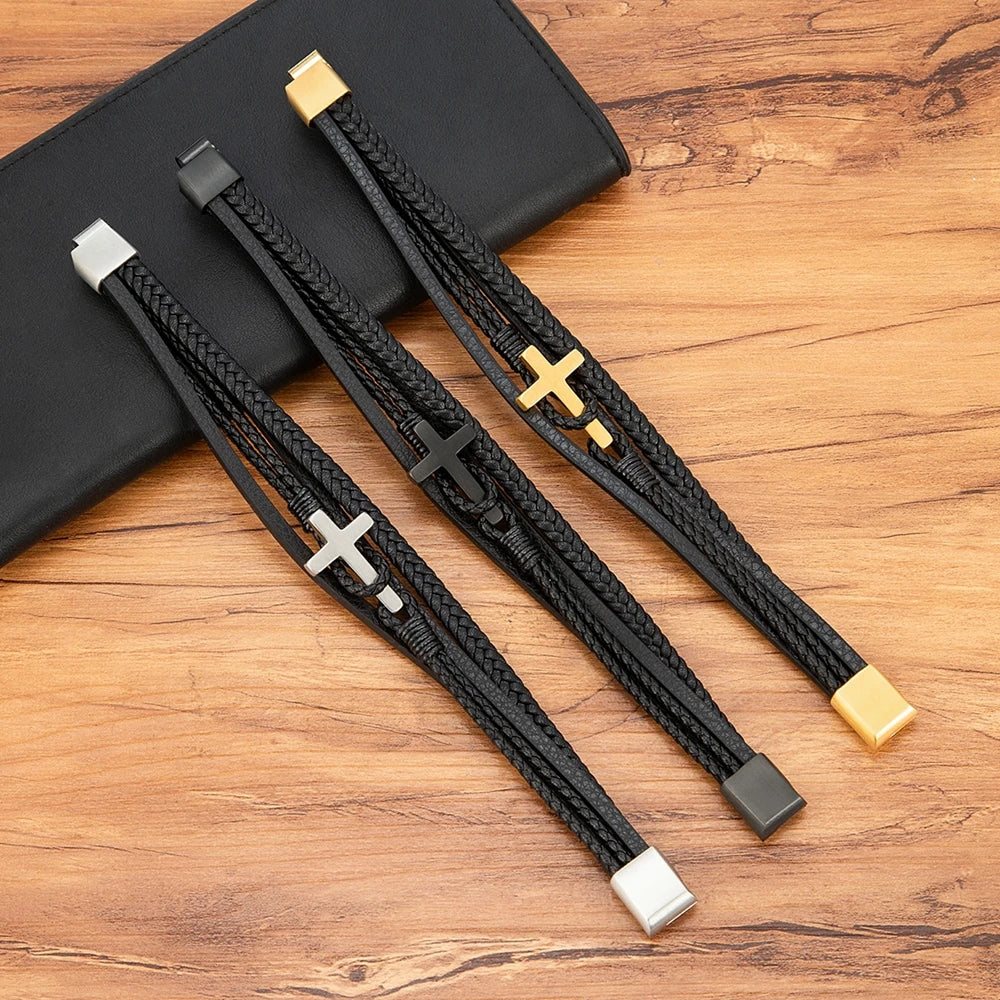 Cross Men's Leather Bracelets Stainless Steel Magnet Clasp Charms