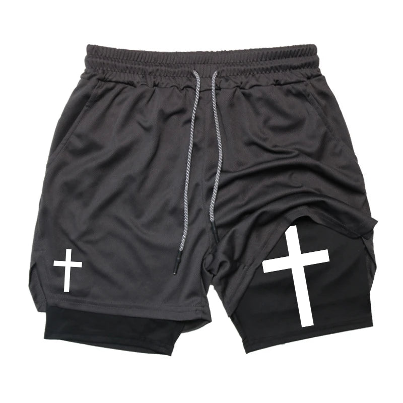 Cross 2 in 1 Workout Shorts for Men Christian Gym Performance Shorts with Phone Pocket Active Wear