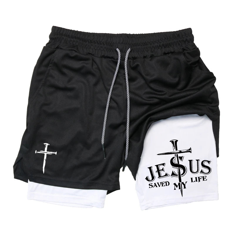 Print 2 in 1 Workout Shorts for Men Christian Gym Athletic Performance shorts