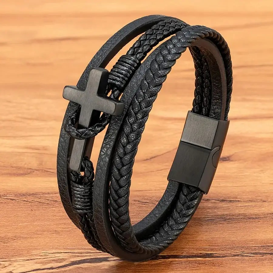 Cross Men's Leather Bracelets Stainless Steel Magnet Clasp Charms