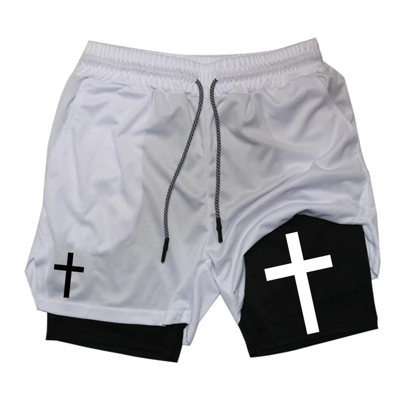 Cross 2 in 1 Workout Shorts for Men Christian Gym Performance Shorts with Phone Pocket Active Wear