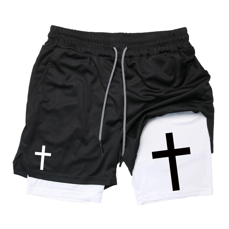 Cross 2 in 1 Workout Shorts for Men Christian Gym Performance Shorts with Phone Pocket Active Wear