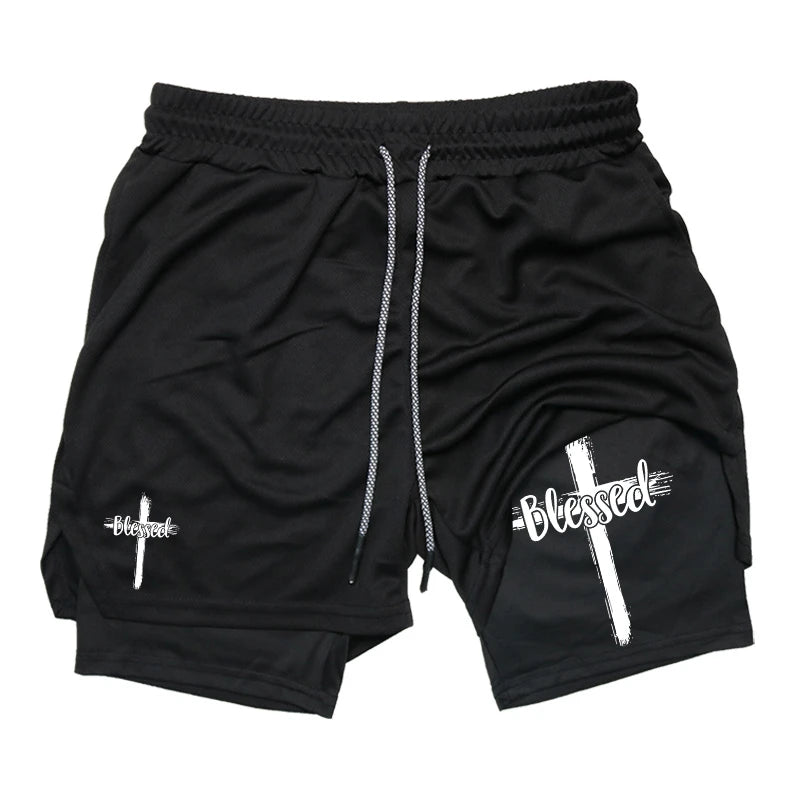 Print 2 in 1 Workout Shorts for Men Christian Gym Athletic Performance shorts