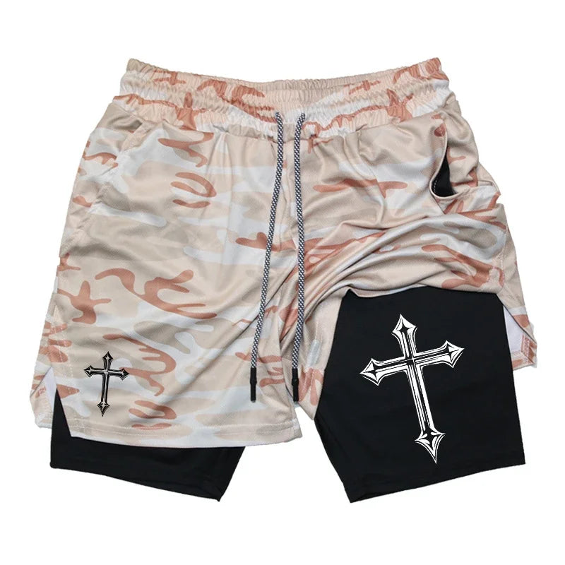 Cross Print Running Shorts for Men Christian Gym Athletic Shorts with Compression