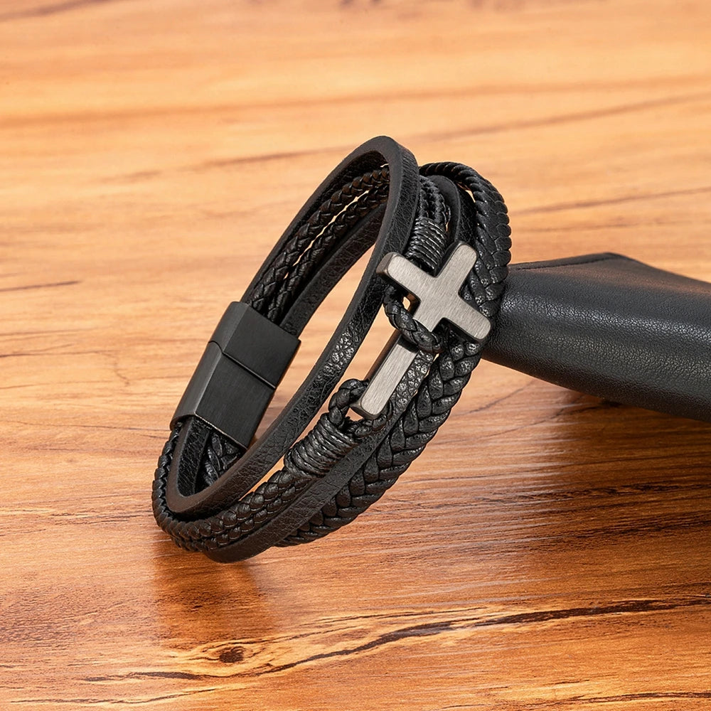 Cross Men's Leather Bracelets Stainless Steel Magnet Clasp Charms