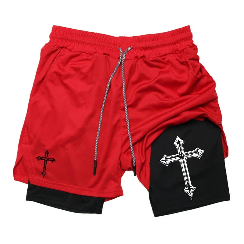 Cross Print Running Shorts for Men Christian Gym Athletic Shorts with Compression