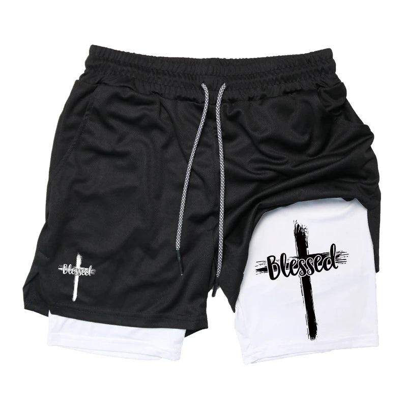 Print 2 in 1 Workout Shorts for Men Christian Gym Athletic Performance shorts