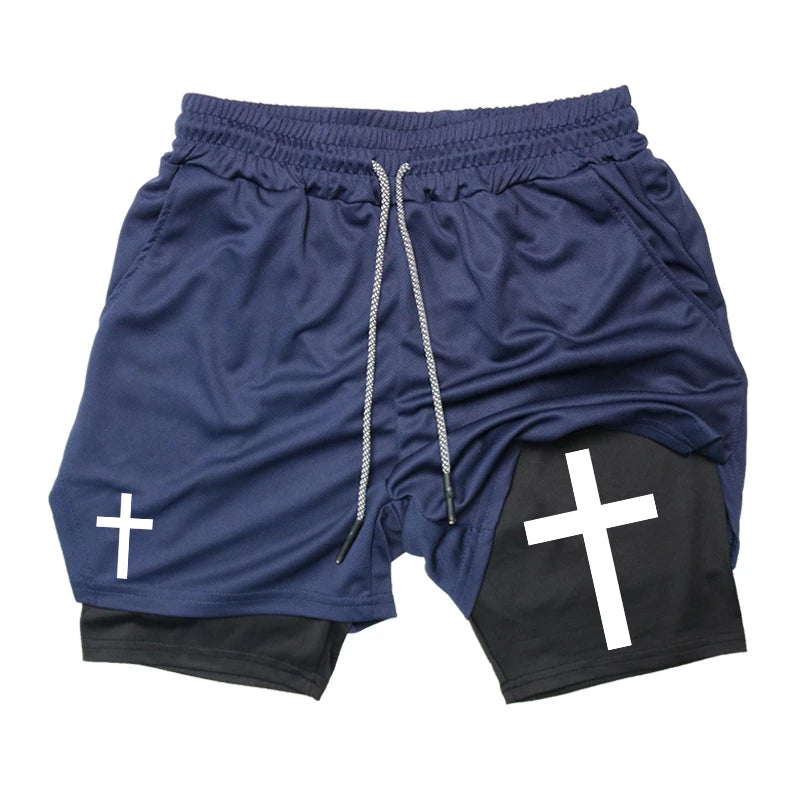 Cross 2 in 1 Workout Shorts for Men Christian Gym Performance Shorts with Phone Pocket Active Wear