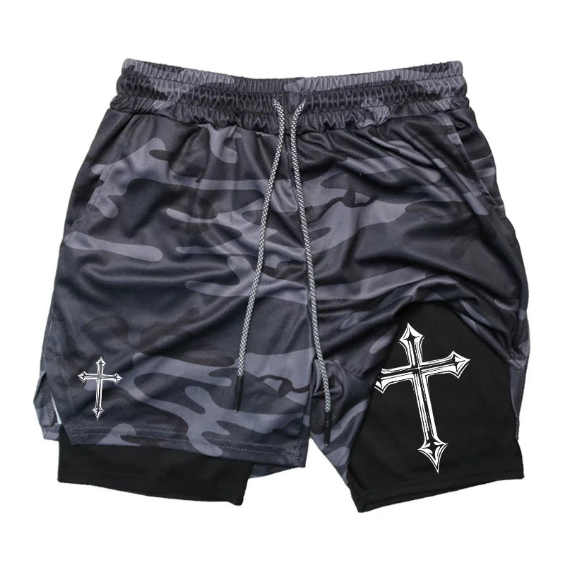 Cross Print Running Shorts for Men Christian Gym Athletic Shorts with Compression