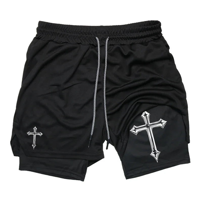Cross Print Running Shorts for Men Christian Gym Athletic Shorts with Compression