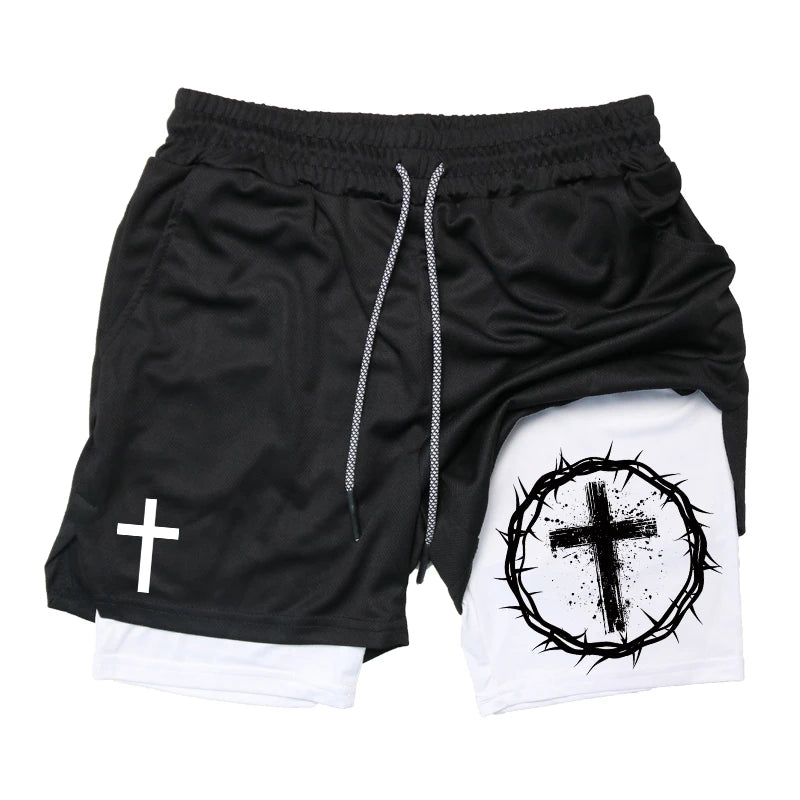 Print 2 in 1 Workout Shorts for Men Christian Gym Athletic Performance shorts