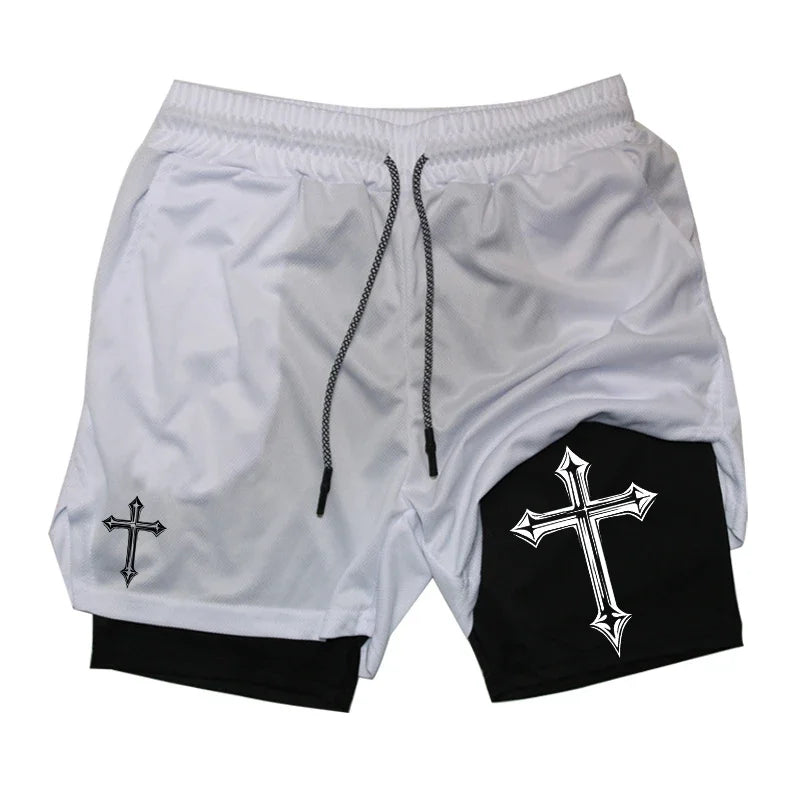 Cross Print Running Shorts for Men Christian Gym Athletic Shorts with Compression
