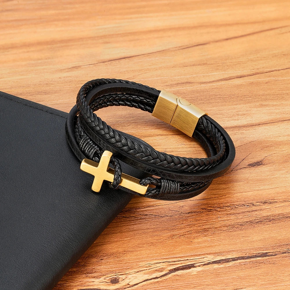 Cross Men's Leather Bracelets Stainless Steel Magnet Clasp Charms