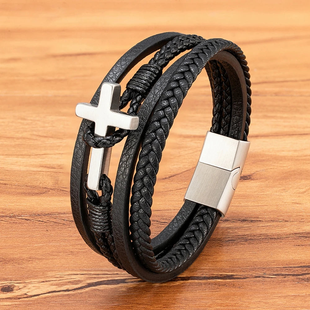 Cross Men's Leather Bracelets Stainless Steel Magnet Clasp Charms