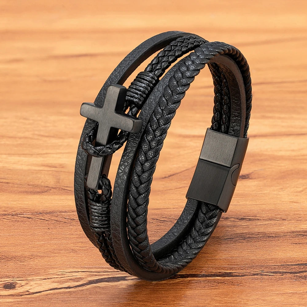 Cross Men's Leather Bracelets Stainless Steel Magnet Clasp Charms