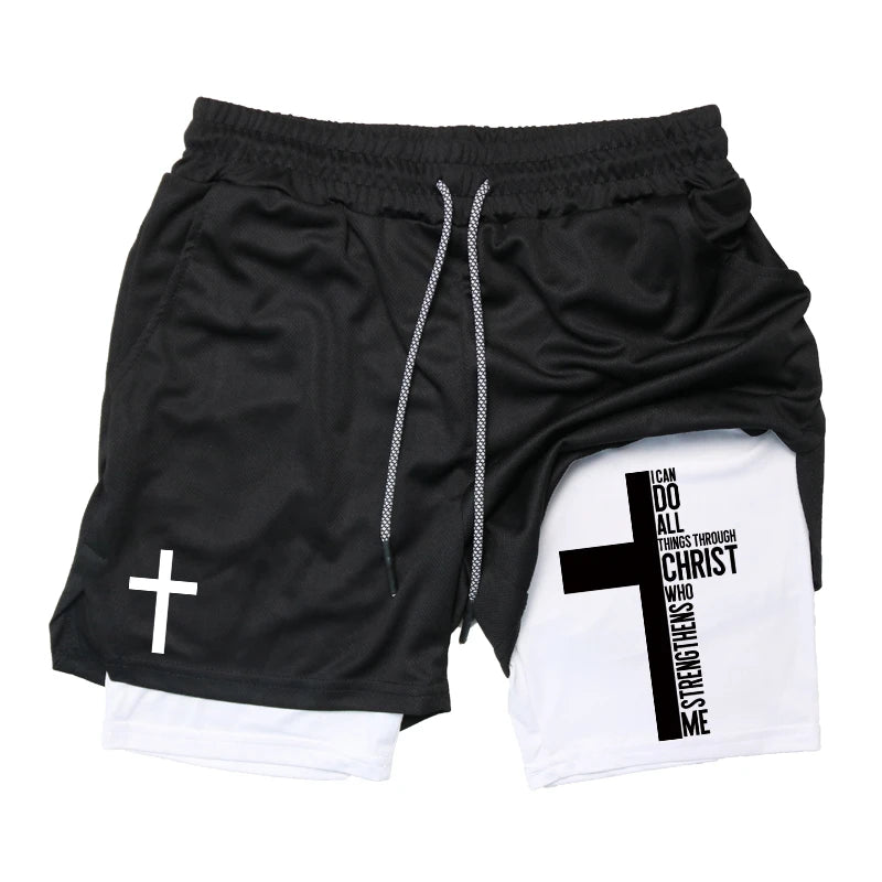 Print 2 in 1 Workout Shorts for Men Christian Gym Athletic Performance shorts