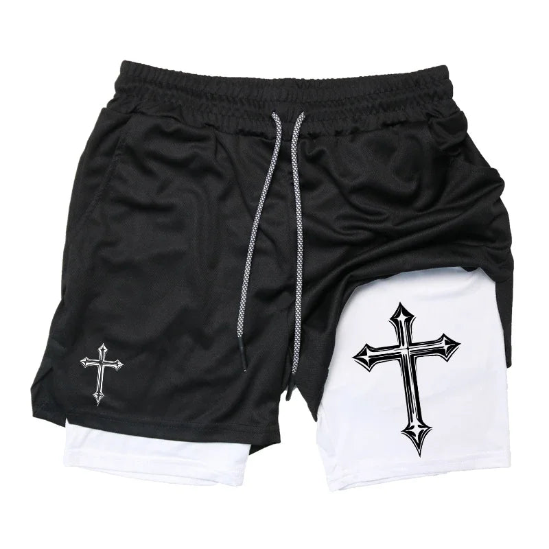 Cross Print Running Shorts for Men Christian Gym Athletic Shorts with Compression