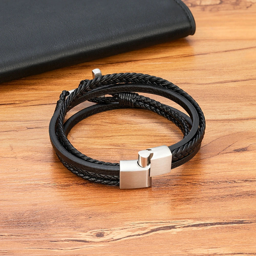 Cross Men's Leather Bracelets Stainless Steel Magnet Clasp Charms