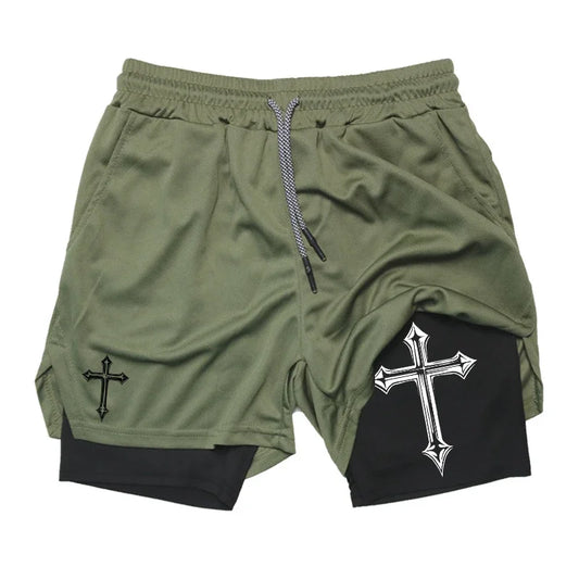 Cross Print Running Shorts for Men Christian Gym Athletic Shorts with Compression