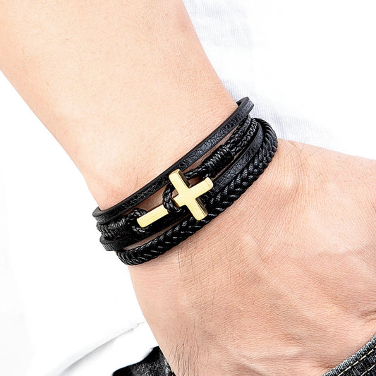 Cross Men's Leather Bracelets Stainless Steel Magnet Clasp Charms